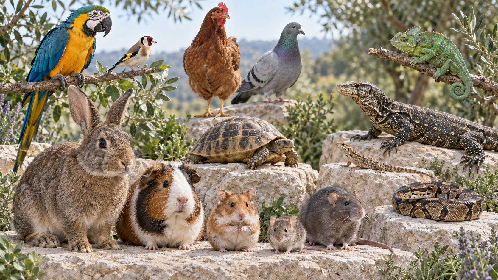 Kaninchen, Meerschweinchen, Hamster, Maus, Ratte, Papagei, Fink, Huhn, Taube, Schildkröte, Eidechse, Waran, Chamäleon und Schlange